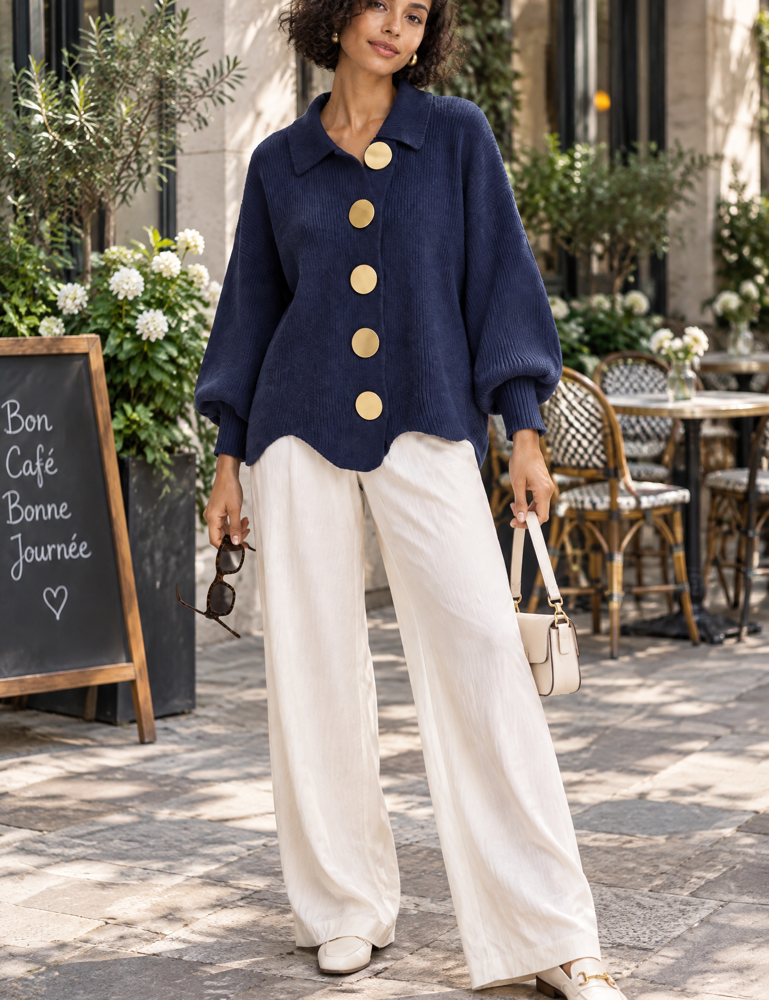Cardigan oversize bleu marine à col | Photo lifestyle | Lounelle Paris