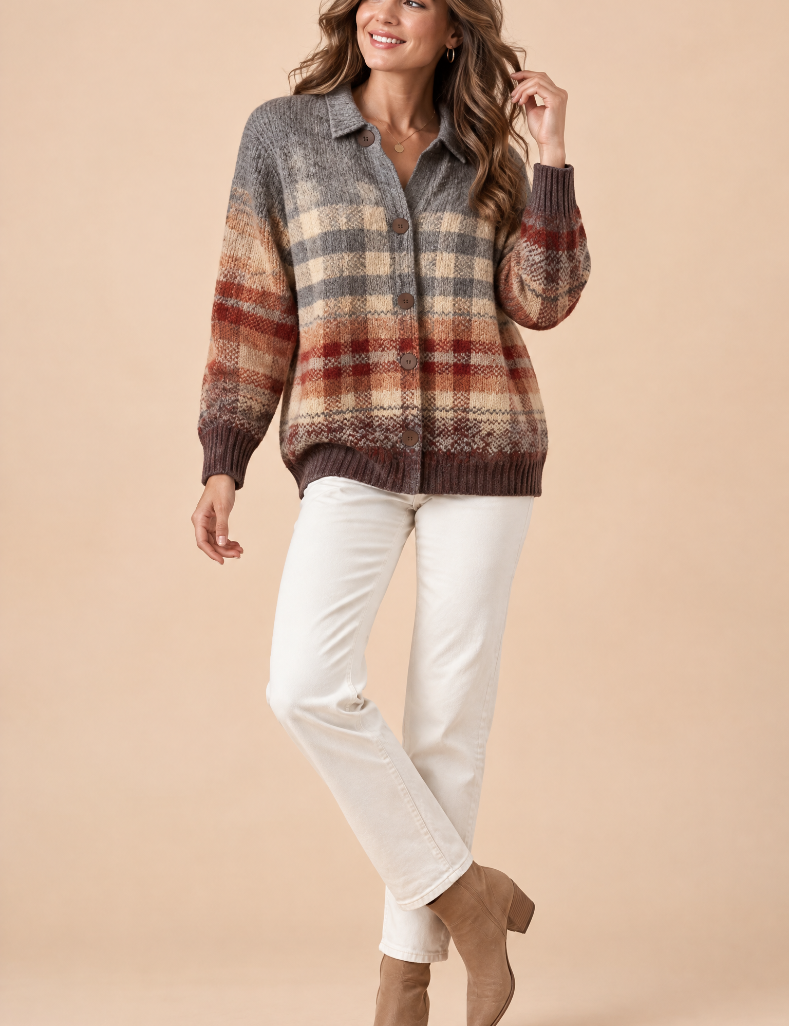 Gilet marron à carreaux avec col | Vue de face | Lounelle Paris