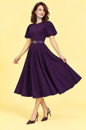 Robe midi violette à col montant et manches bouffantes | Vue de dos | Lounelle Paris