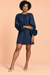 Navy Shift Dress with Ruffle Sleeves
