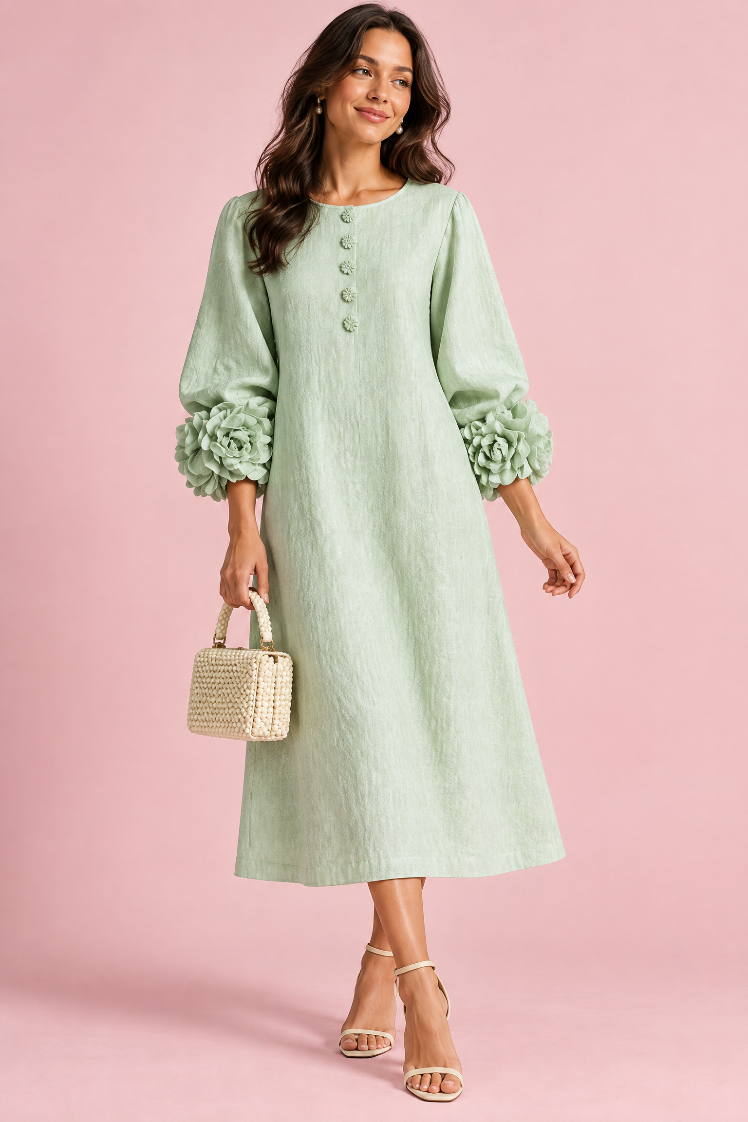 Robe midi vert menthe coupe trapèze à manches bouffantes | Vue de face | Lounelle Paris