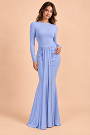 Robe longue bleue à encolure bateau et fronces | Vue de face | Lounelle Paris