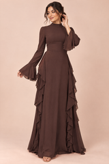 Brown Ruffle Bell Sleeve Maxi Dress