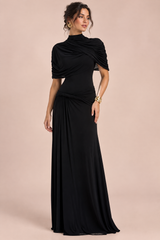 Black High-Neck Maxi Dress With Short-Cape Sleeves