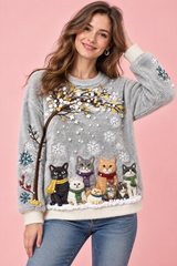 Oversized Grey Cat Graphic Sweater