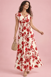 Robe longue écrue à fleurs et taille smockée | Vue de face | Lounelle Paris