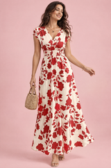 Off White Floral Smocked Maxi Dress