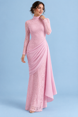 Pink High-Neck Lace Maxi-Dress With Draped-Skirt