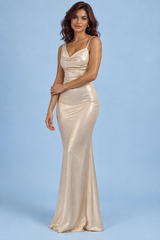 Beige Bias Cut Cowl Front Maxi Dress