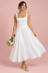 White Strappy Volume-Hem Midi Dress