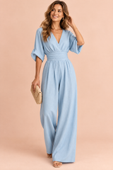 Light Blue V-Neck Wide-Leg Jumpsuit