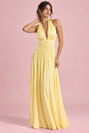 Robe longue jaune à décolleté plongeant et fronces | Vue de face | Lounelle Paris
