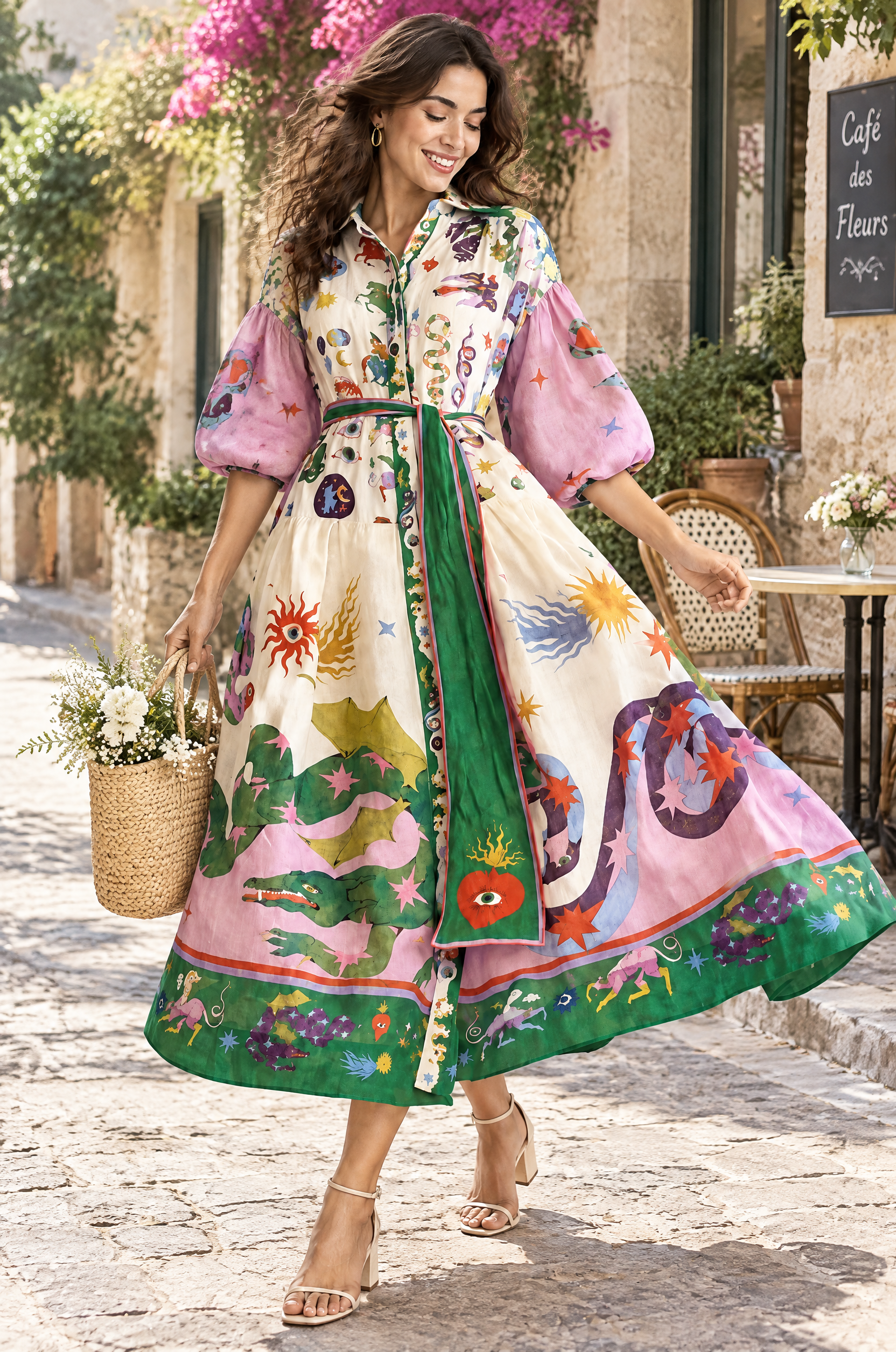 Robe longue violette trapèze à manches ballon | Photo lifestyle | Lounelle Paris