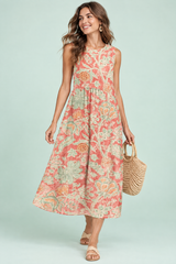 Floral Print Coral Midi Dress
