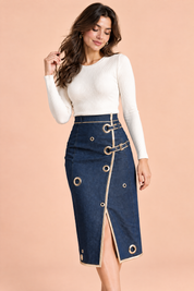 Jupe crayon midi bleue taille haute | Vue rapprochée | Lounelle Paris