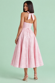 Robe midi jacquard à encolure dos nu rose | Vue de dos | Lounelle Paris