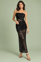 Black Ruched Lace and Satin Strapless Backless Maxi Dress