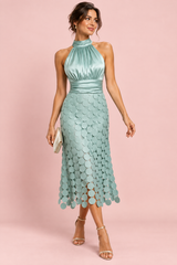 Sage Green Satin Halter Panelled Midi Dress