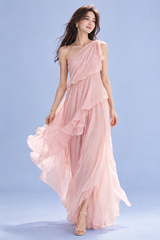 One-Shoulder Light Pink Ruffle Dress