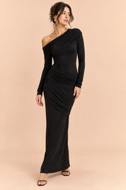 Robe longue noire à encolure asymétrique et détails froncés | Vue de face | Lounelle Paris