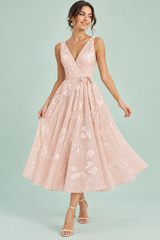 Light Pink Floral Fit-and-Flare Midi Dress