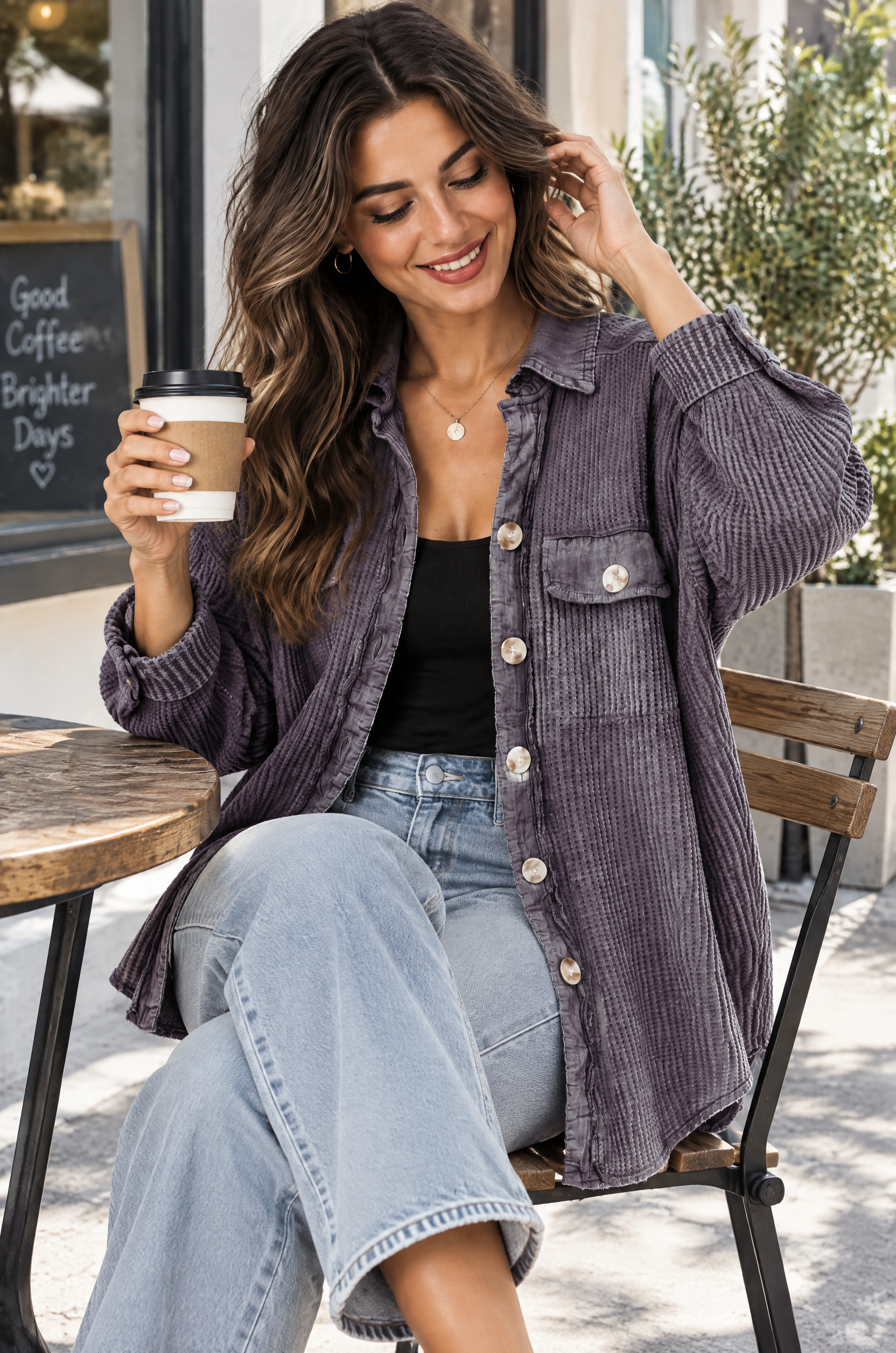Surchemise violette à bords effilochés | Photo lifestyle | Lounelle Paris