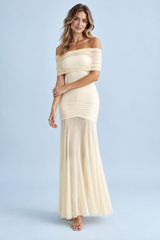 Cream Ruched Off-Shoulder Maxi Dress