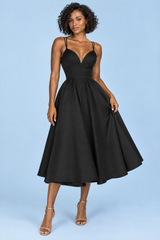 Black Strappy Volume-Hem Midi Dress