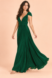 Robe longue portefeuille verte à col américain avec détail doré | Vue en mouvement | Lounelle Paris