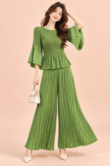 Pleated Green Wide-Leg Trouser Set