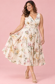 Robe midi verte à imprimé de bouquets floraux, col carré et coupe trapèze | Porté sur une silhouette plus ronde | Lounelle Paris
