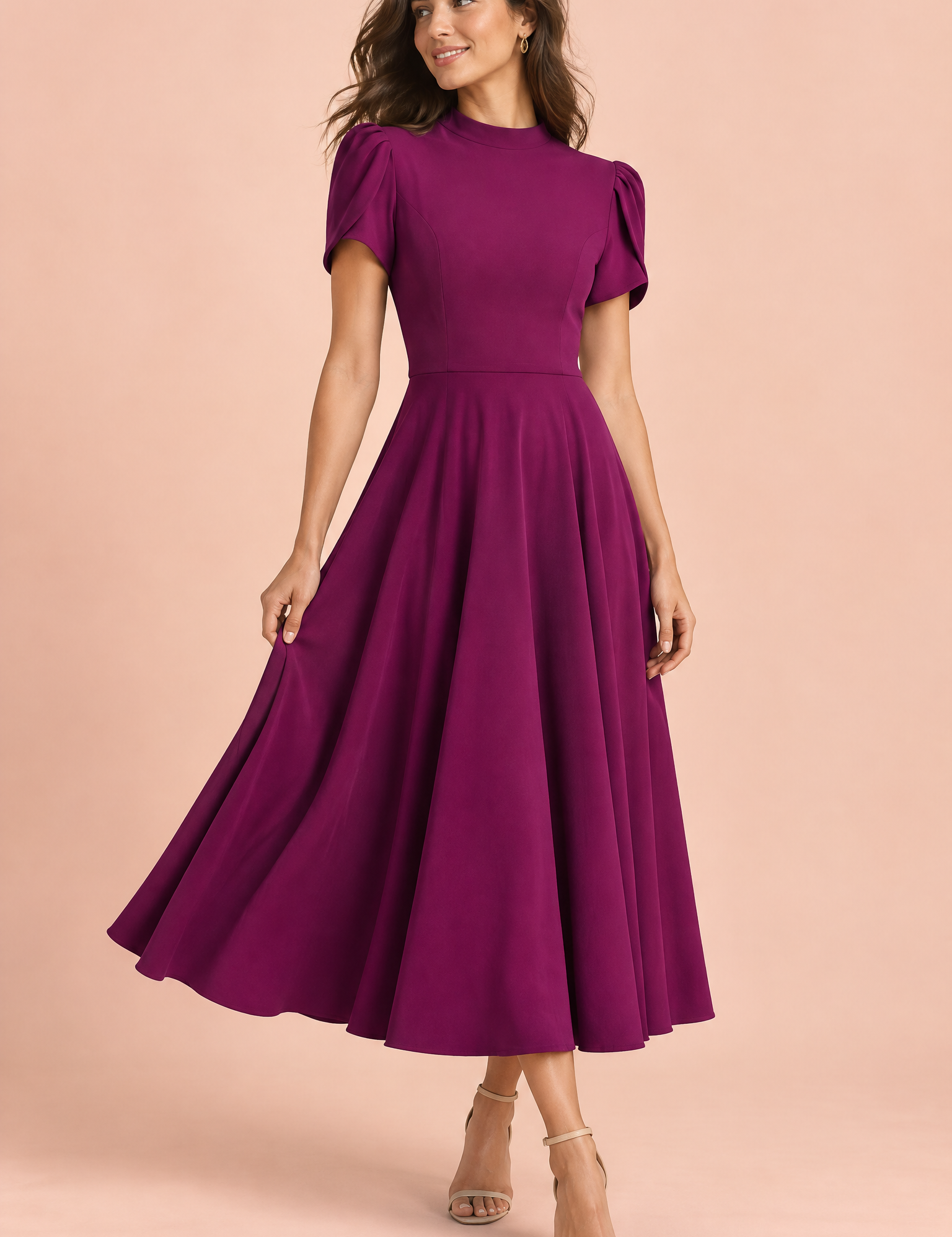 Robe midi violette à col montant et manches bouffantes | Vue de face | Lounelle Paris
