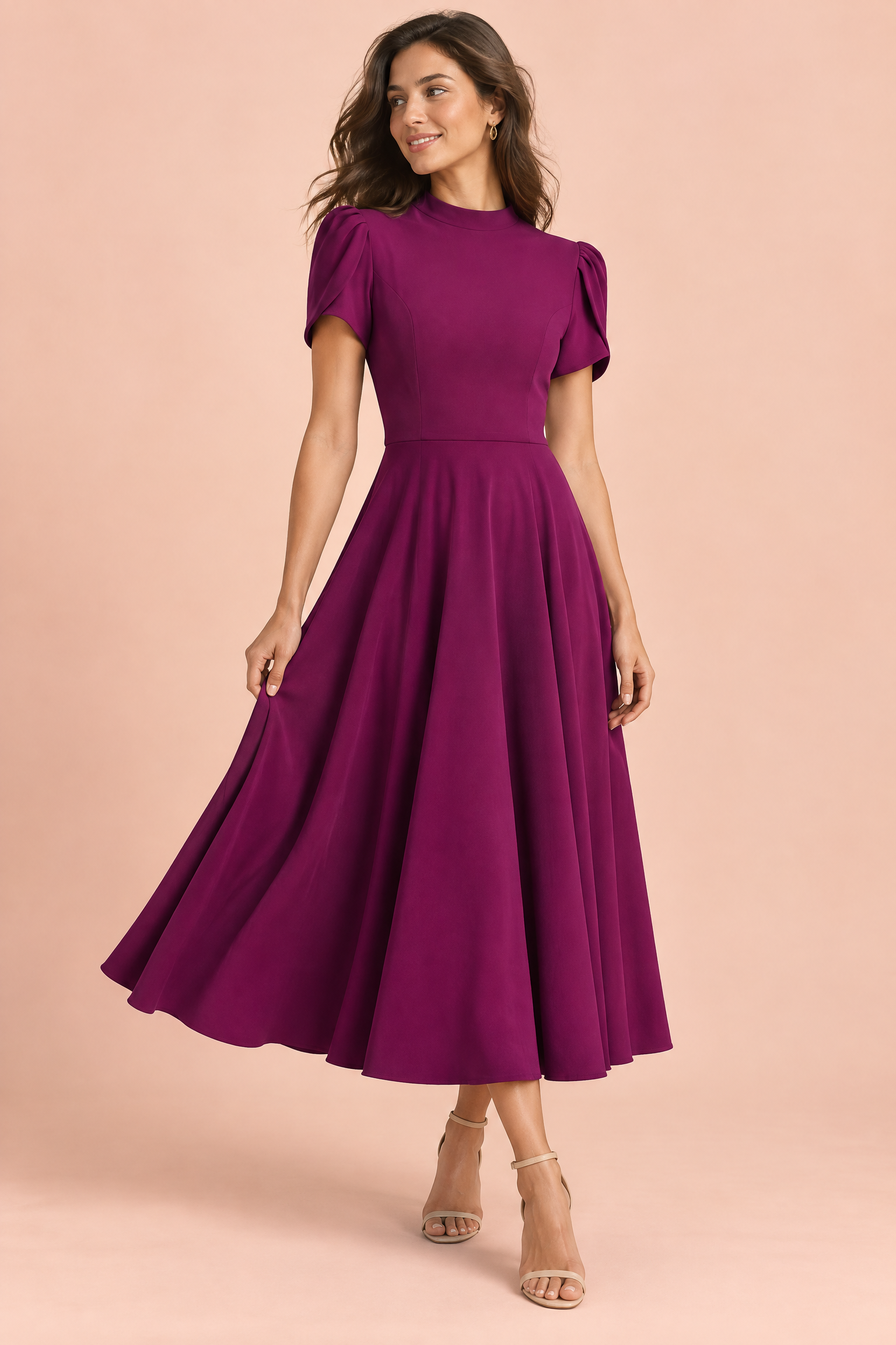 Robe midi violette à col montant et manches bouffantes | Vue de face | Lounelle Paris
