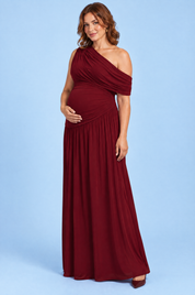 Robe longue de grossesse bordeaux à encolure asymétrique et taille basse | Porté sur une autre silhouette | Lounelle Paris