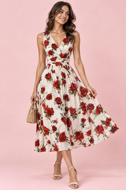 Robe midi rouge à imprimé de bouquets floraux, col carré et coupe trapèze | Vue de face | Lounelle Paris