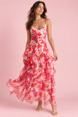 Red Lily Print Asymmetric Cape Sleeve Maxi Dress