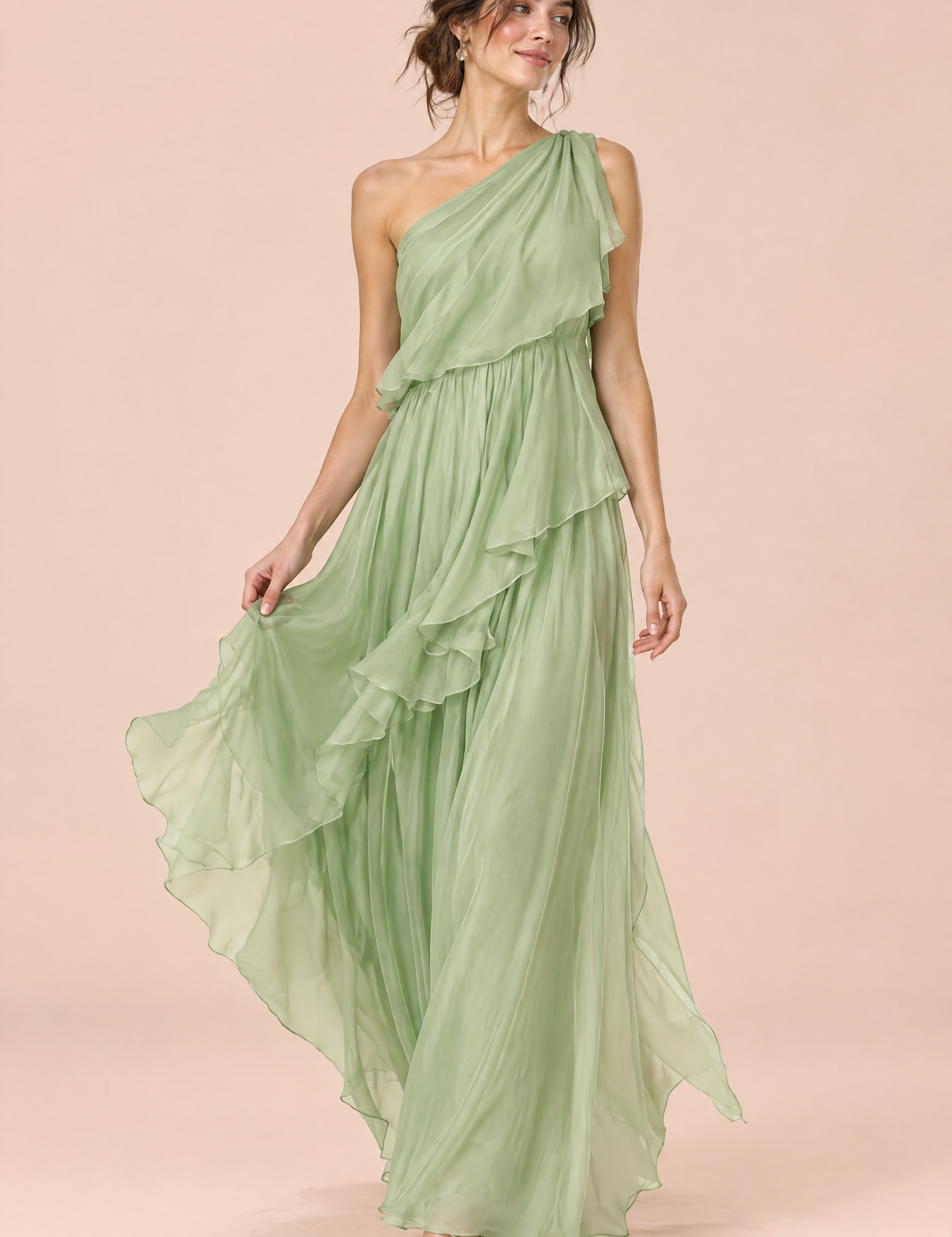 Robe verte asymétrique à volants | Vue de face | Lounelle Paris