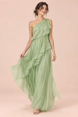 One-Shoulder Green Ruffle Dress