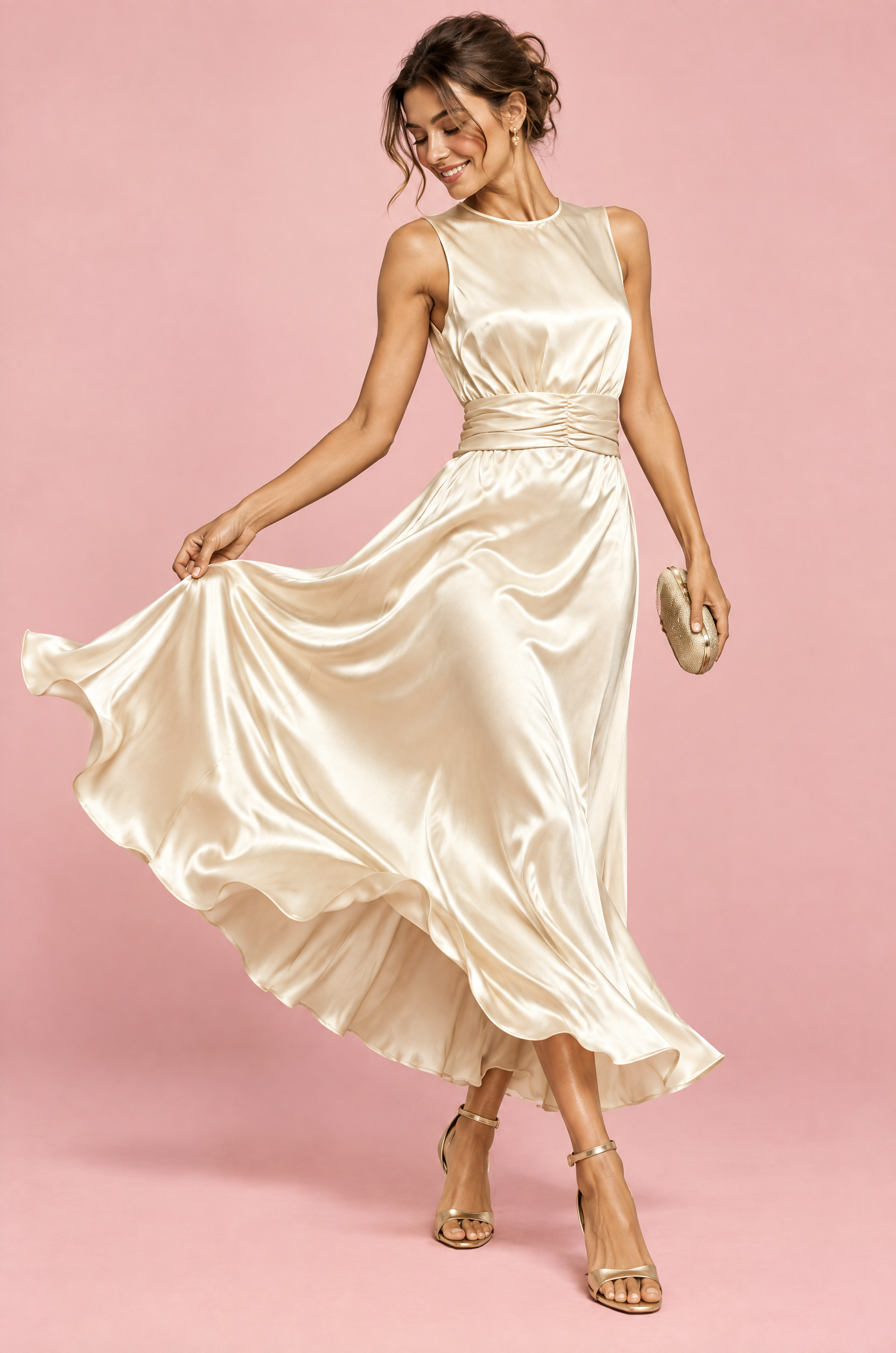 Robe longue champagne à pois froncée | Vue en mouvement | Lounelle Paris
