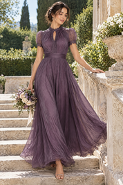 Robe longue violette à volants | Photo lifestyle | Lounelle Paris