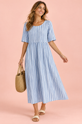 Light Blue Floral A-Line Midi Dress