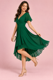 Robe vert foncé à manches volantées et ourlet asymétrique | Vue de dos | Lounelle Paris
