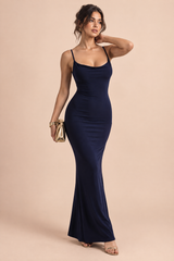 Navy Backless Cowl-Neck Dress
