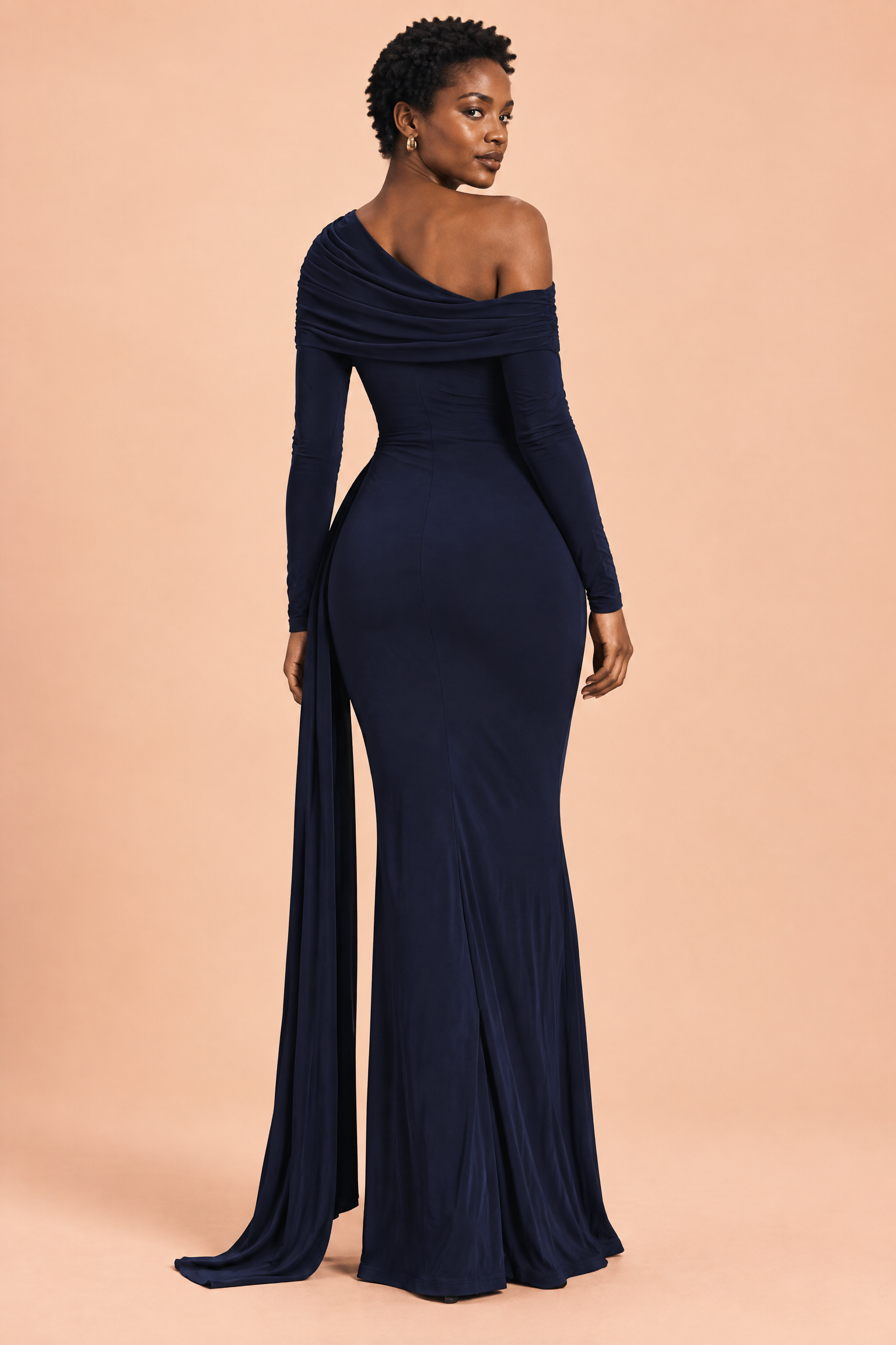 Robe longue bleu marine asymétrique à fronces et drapé | Vue de dos | Lounelle Paris