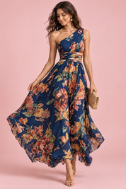 Robe bleue fleurie à une épaule | Vue de face | Lounelle Paris