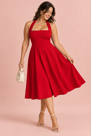 Robe midi patineuse rouge à col américain | Porté sur une autre silhouette | Lounelle Paris