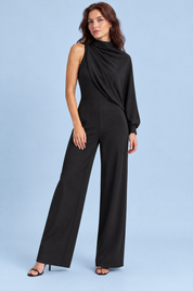 Combinaison-pantalon noire à col montant avec une seule manche longue | Vue de face | Lounelle Paris