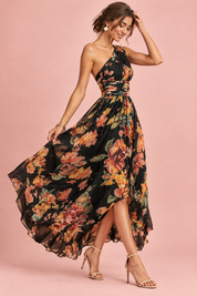 Robe noire fleurie à une épaule | Vue de dos | Lounelle Paris