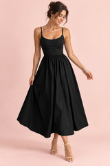 Black Fit-and-Flare Pleated Midi Dress