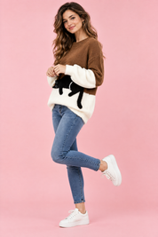 Pull oversize marron à motif chat | Vue de dos | Lounelle Paris